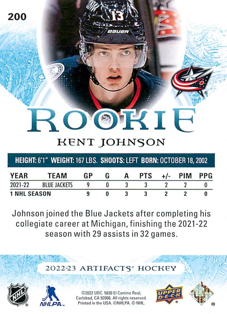 2022-23 UD Artifacts - Kent Johnson - Rookie Copper /299 #200