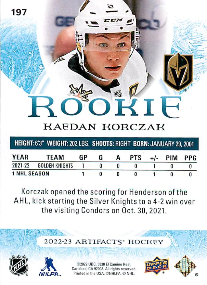 2022-23 UD Artifacts - Kaedan Korczak - Rookie Emerald /99 #197