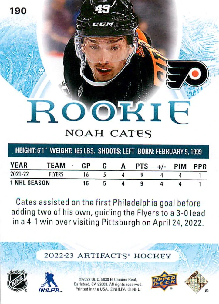 2022-23 UD Artifacts - Noah Cates - Rookie Light Blue Steel /85 #190