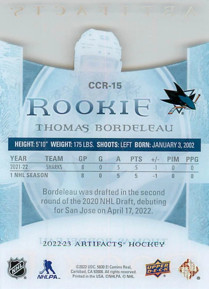2022-23 UD Artifacts - Thomas Bordeleau - Rookie Clear Cut #CCR-15