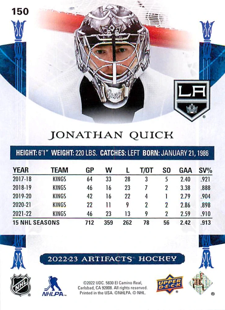 2022-23 UD Artifacts - Jonathan Quick - Ruby /499 #150