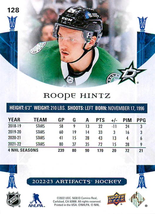 2022-23 UD Artifacts - Roope Hintz - Royal Blue /199 #128