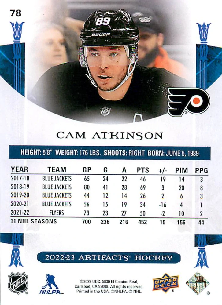 2022-23 UD Artifacts - Cam Atkinson - Royal Blue /199 #78