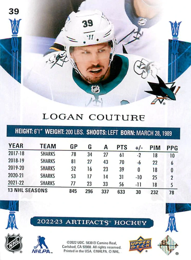 2022-23 UD Artifacts - Logan Couture - Royal Blue /199 #39