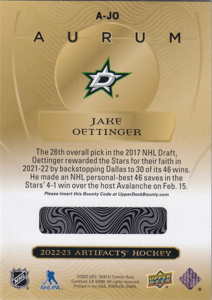 2022-23 UD Artifacts - Jake Oettinger - Aurum #A-JO