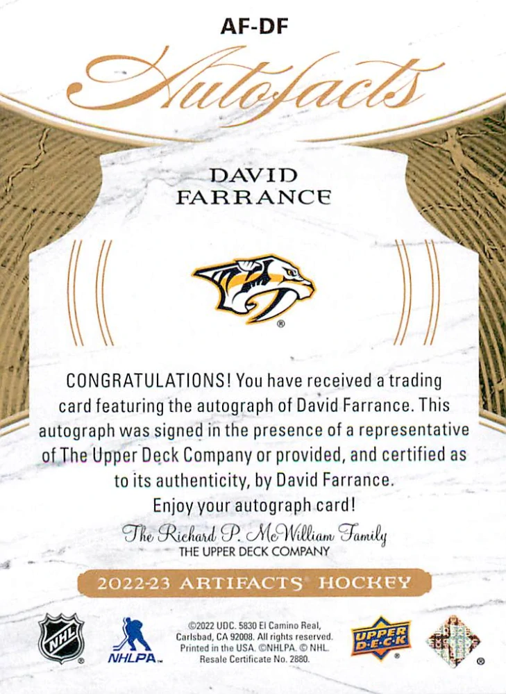 2022-23 UD Artifacts - David Farrance - Autofacts #AF-DF