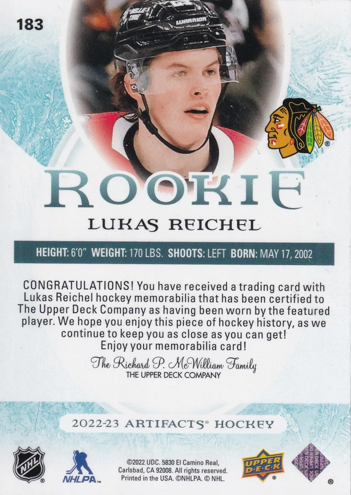 2022-23 UD Artifacts - Lukas Reichel - Horizontal Material /399 #183