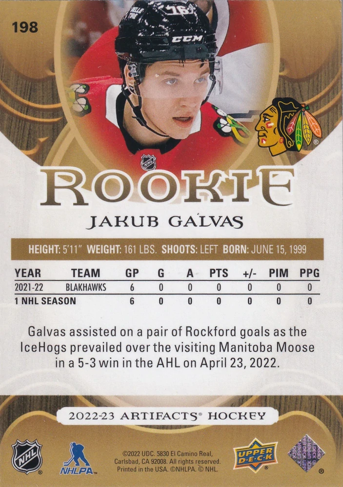 2022-23 UD Artifacts - Jakub Galvas - Rookie Wood #198