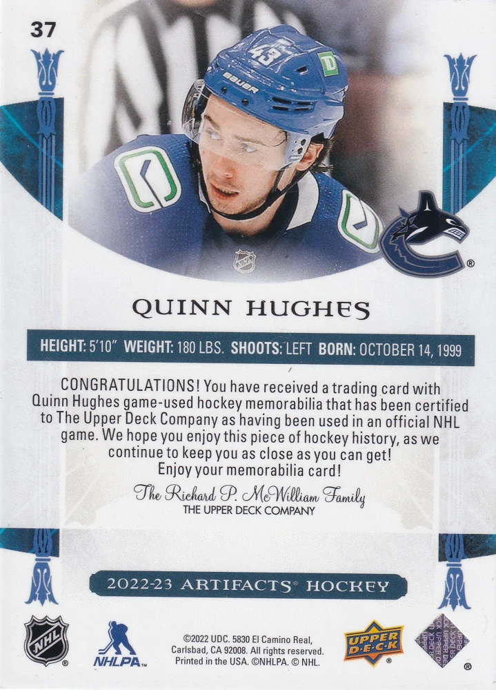 2022-23 UD Artifacts - Quinn Hughes - Gold Material Relic /249 #37
