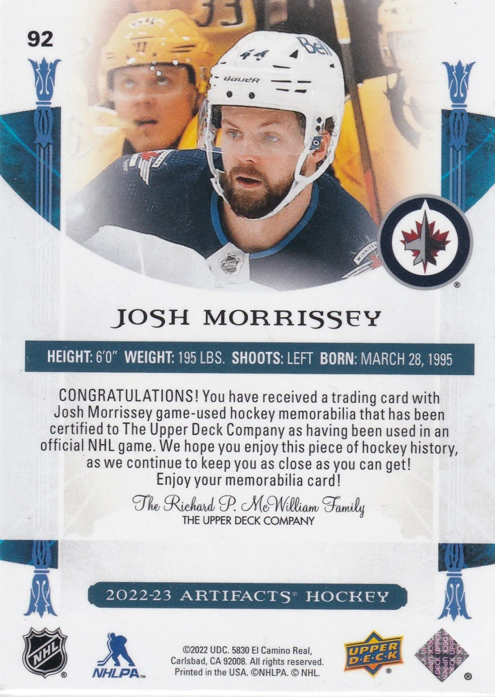 2022-23 UD Artifacts - Josh Morrissey - Gold Material Relic /249 #92
