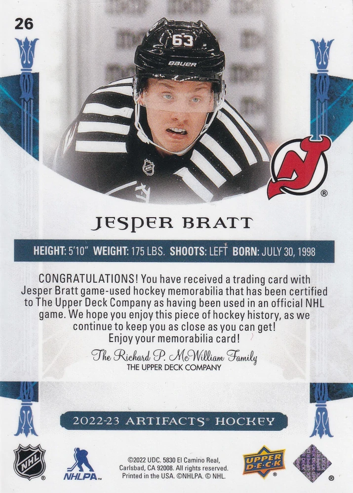 2022-23 UD Artifacts - Jesper Bratt - Gold Material Relic /249 #26