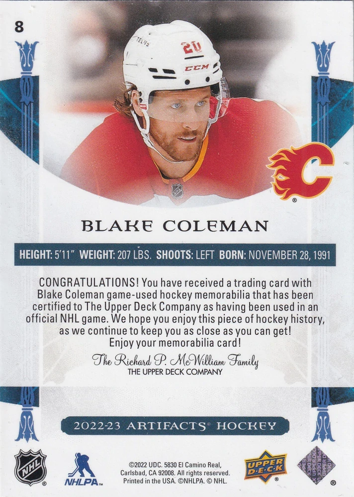 2022-23 UD Artifacts - Blake Coleman - Gold Material Relic /249 #8