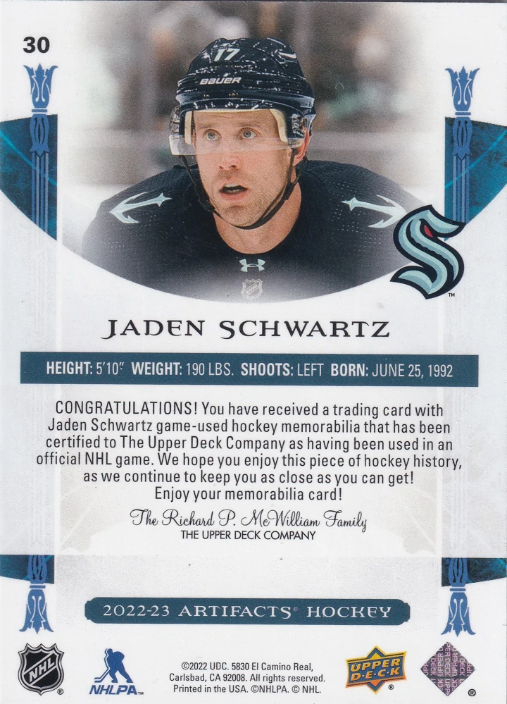 2022-23 UD Artifacts - Jaden Schwartz - Gold Material Relic /249 #30