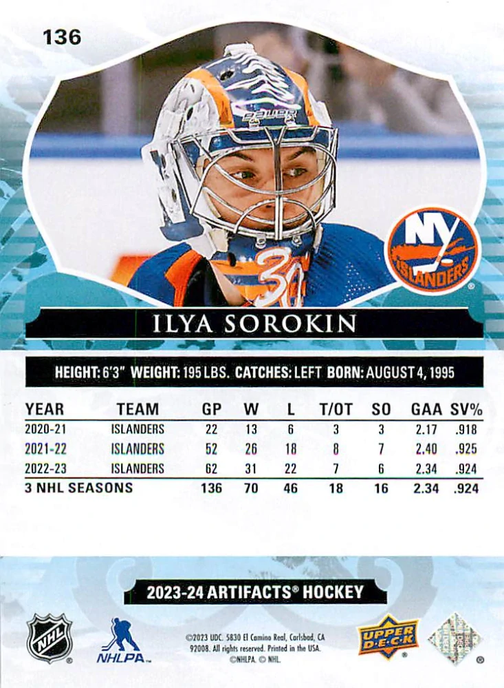 2023-24 UD Artifacts - Ilya Sorokin - Ruby /499 #136