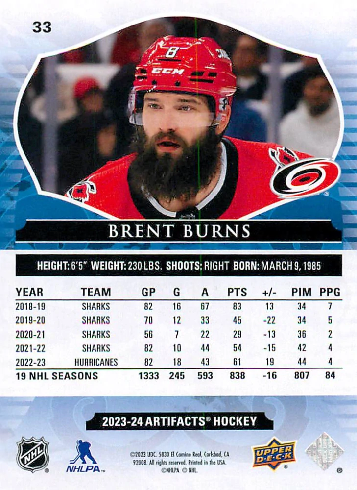 2023-24 UD Artifacts - Brent Burns - Ruby /499 #33