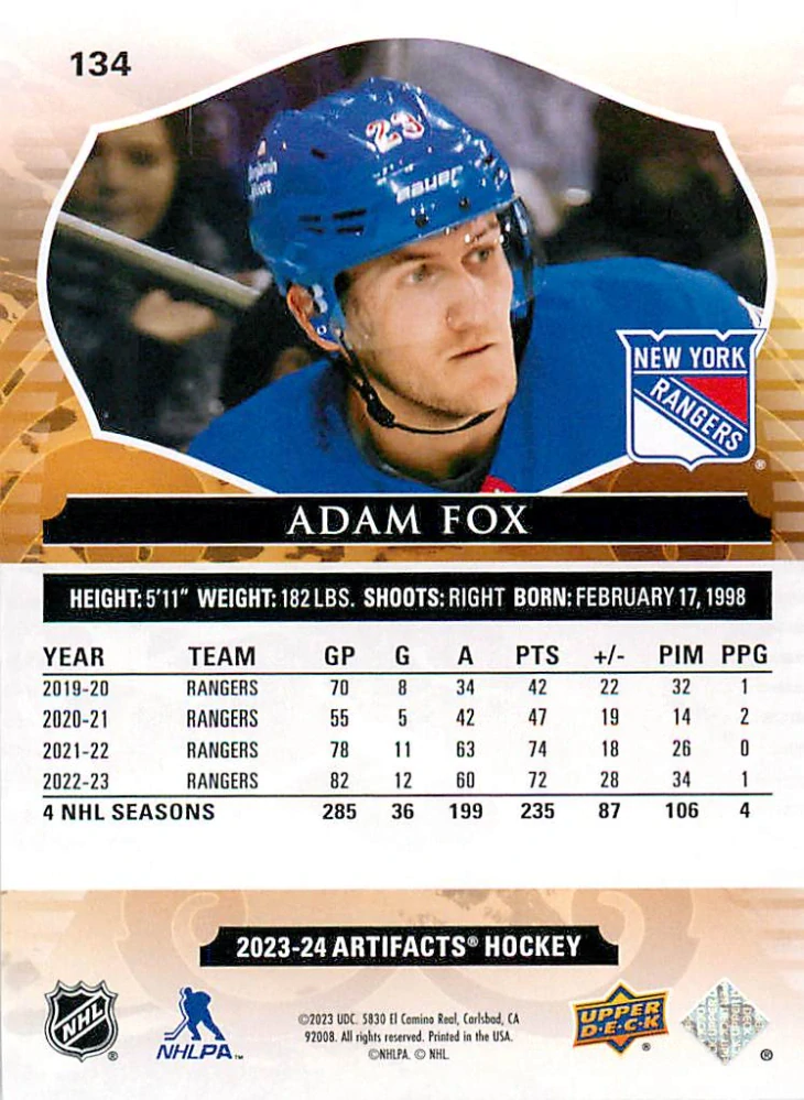 2023-24 UD Artifacts - Adam Fox - Copper /299 #134