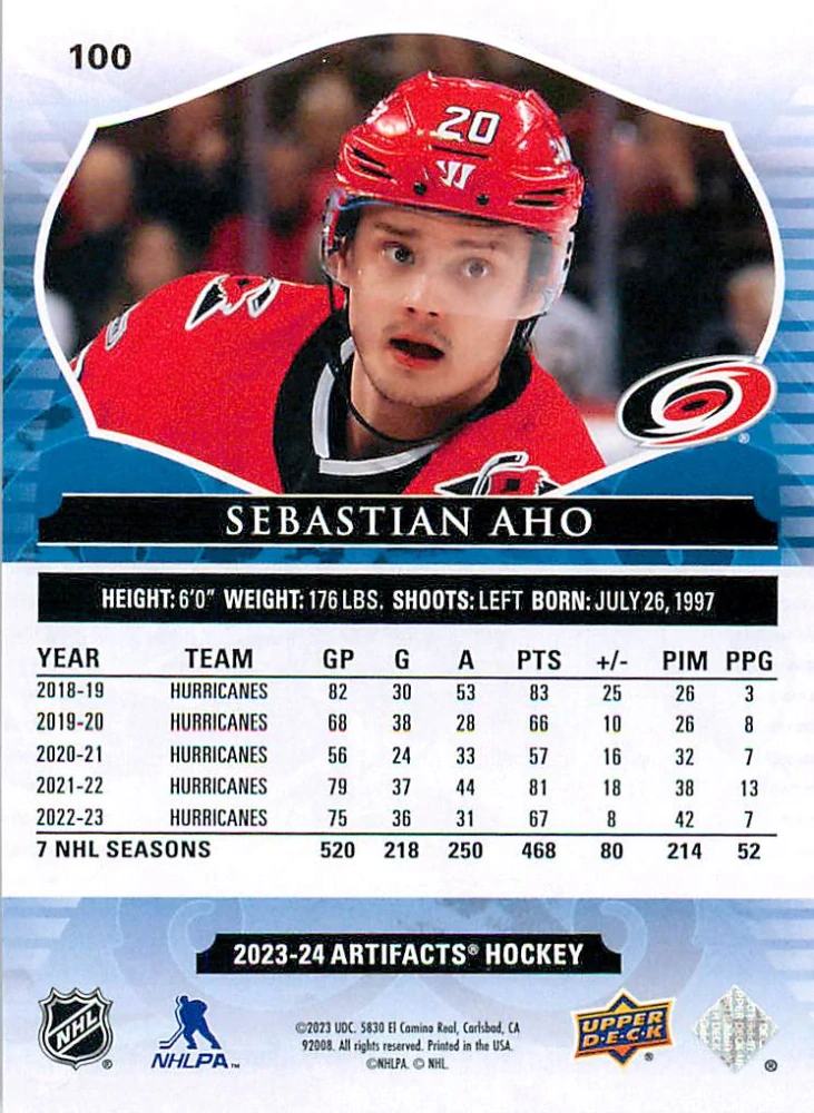 2023-24 UD Artifacts - Sebastian Aho - Copper /299 #100
