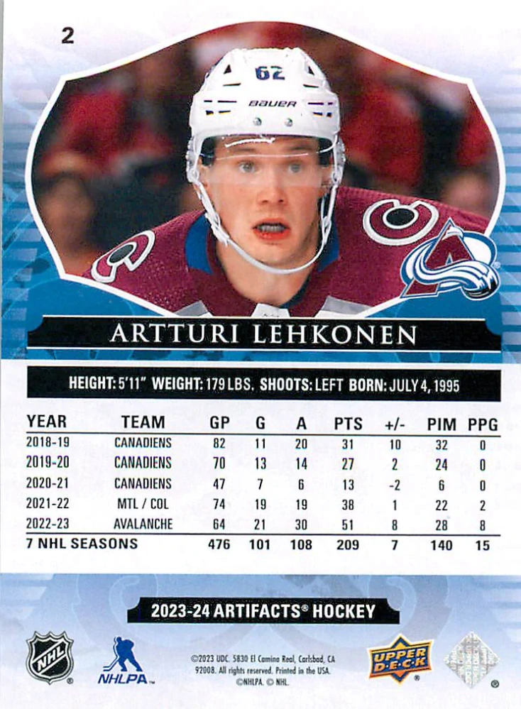 2023-24 UD Artifacts - Artturi Lehkonen - Copper /299 #2