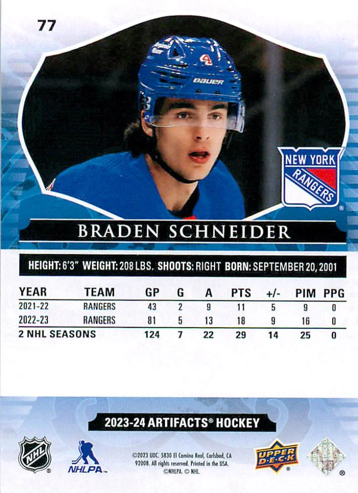 2023-24 UD Artifacts - Braden Schneider - Royal Blue /199 #77