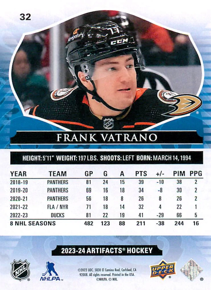 2023-24 UD Artifacts - Frank Vatrano - Royal Blue /199 #32