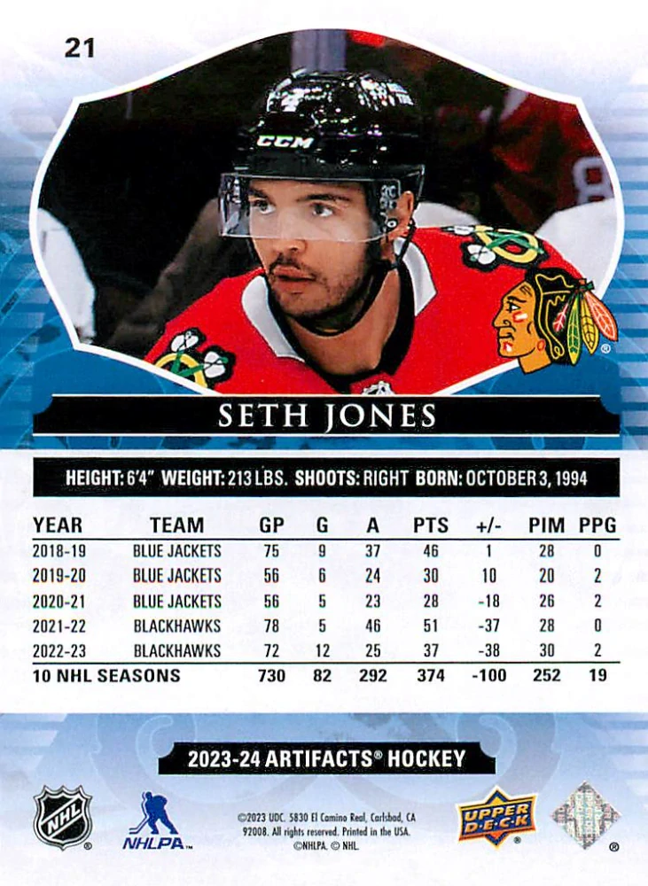 2023-24 UD Artifacts - Seth Jones - Ligh Blue Steel /85 #21