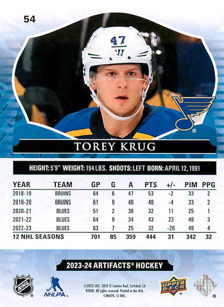 2023-24 UD Artifacts - Torey Krug - Ligh Blue Steel /85 #54