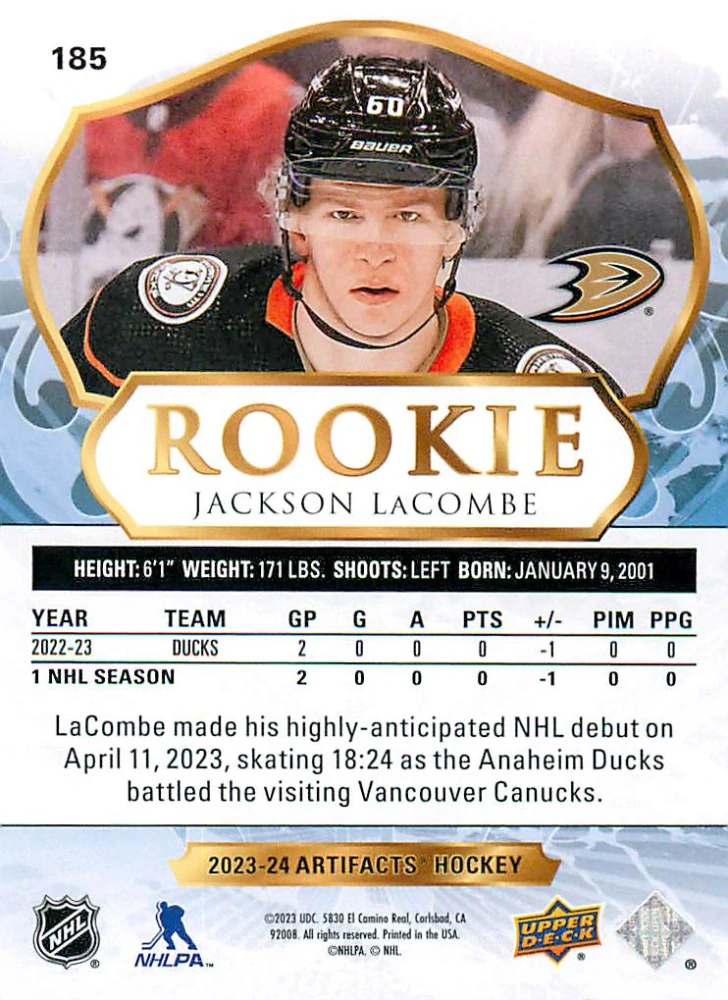 2023-24 UD Artifacts - Jackson LaCombe - Rookie /999 #185