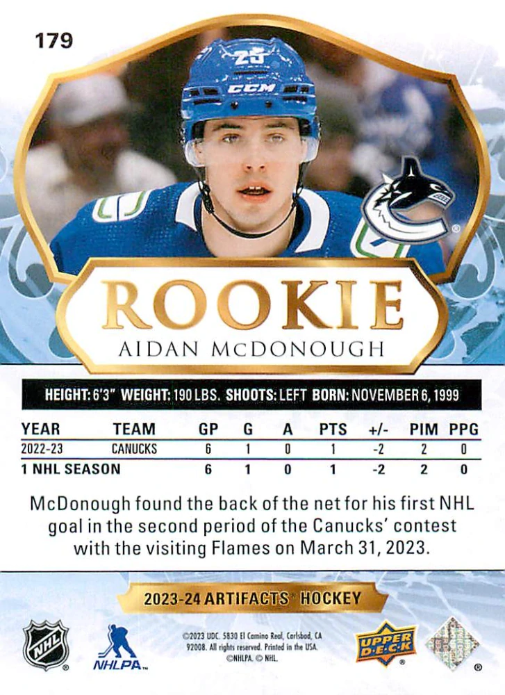 2023-24 UD Artifacts - Aidan McDonough - Rookie Light Blue Steel /85 #179