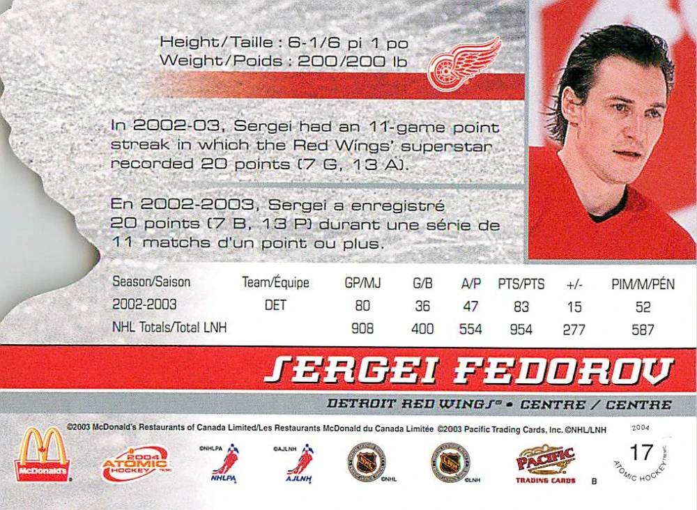 2003-04 Pacific Atomic McDonald's - Sergei Fedorov #17