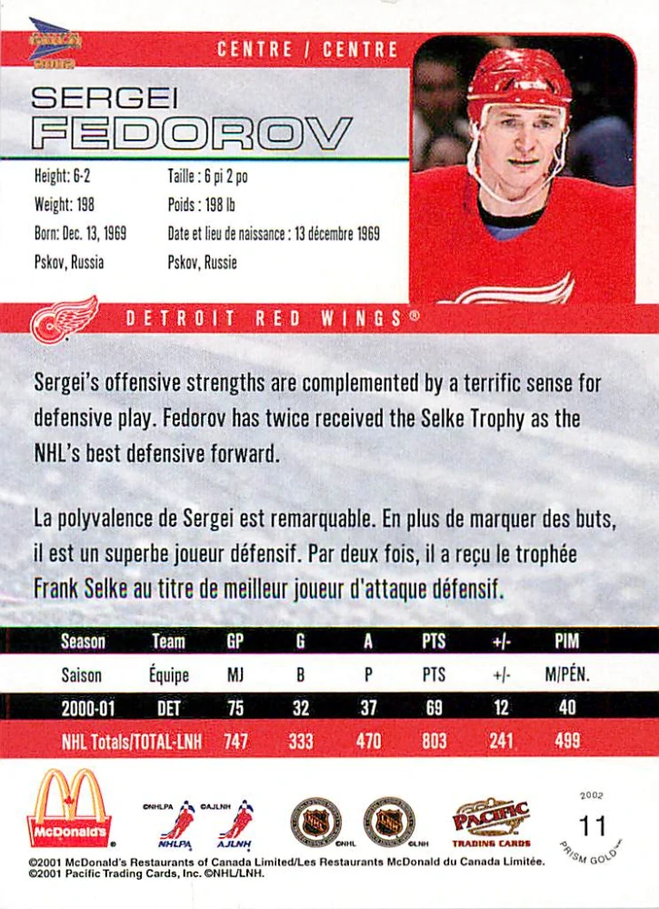 2001-02 Pacific Prism Gold McDonald's - Sergei Fedorov #11