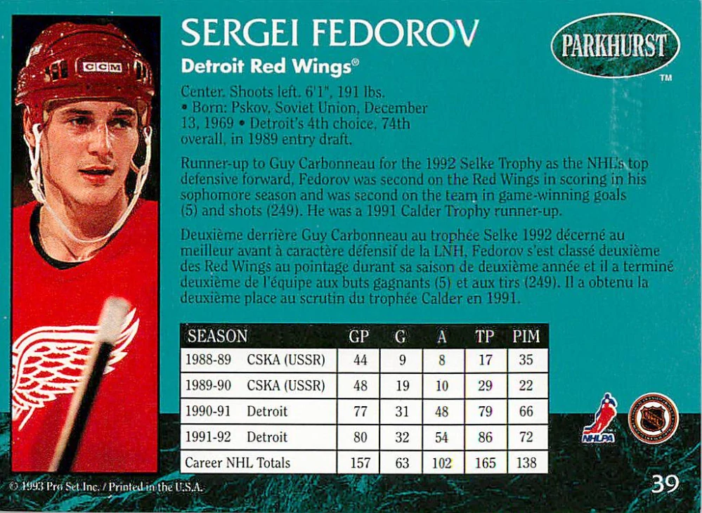 1992-93 Parkhurst - Sergei Fedorov - Emerald Ice #39