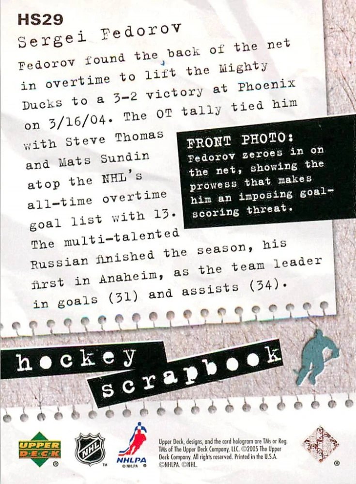 2005-06 UD Series 1 - Sergei Fedorov - Hockey Scrapbook #HS29