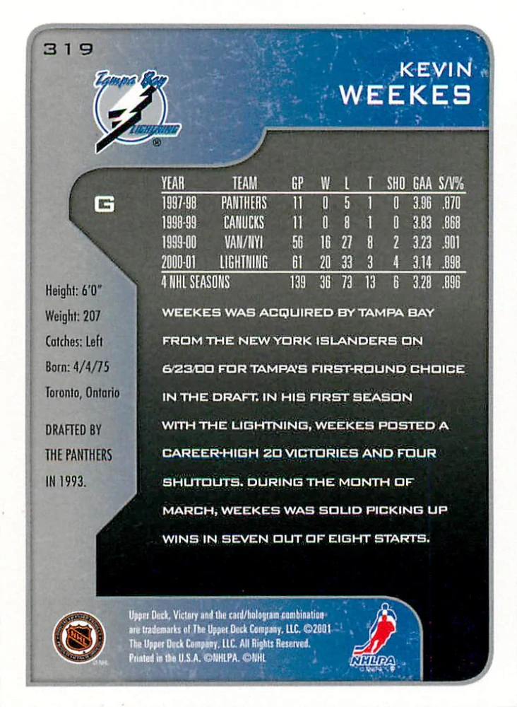 2001-02 UD Victory - Kevin Weekes #319