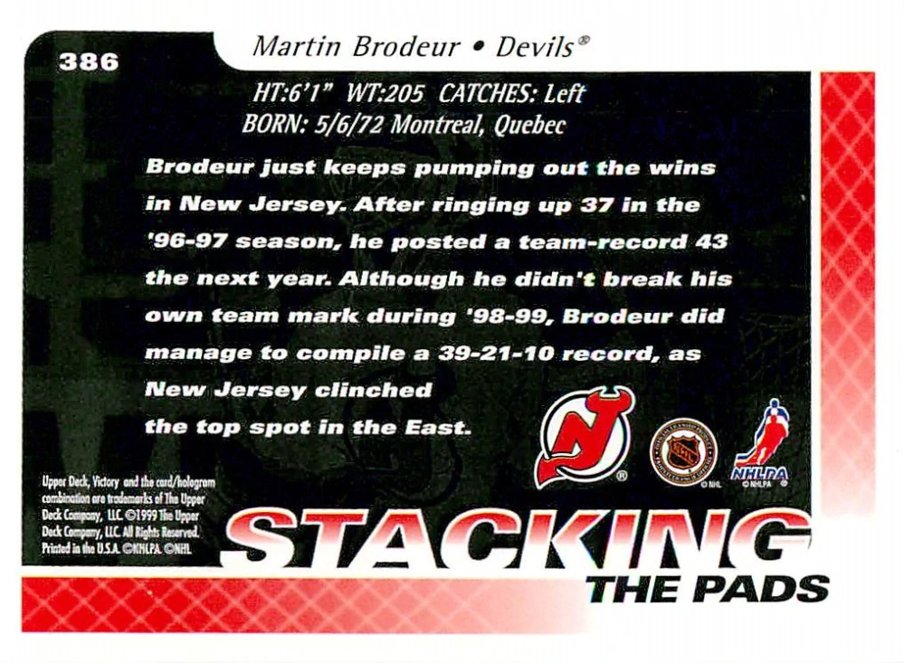 1999-00 UD Victory - Martin Brodeur - Stacking The Pads #386