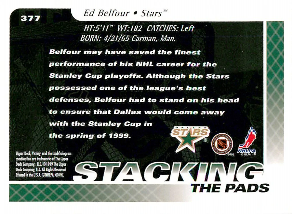 1999-00 UD Victory - Ed Belfour - Stacking The Pads #377