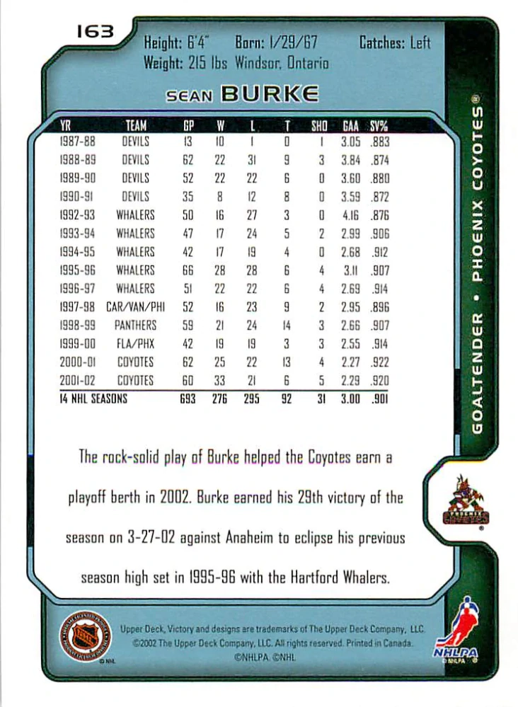 2002-03 UD Victory - Sean Burke #163