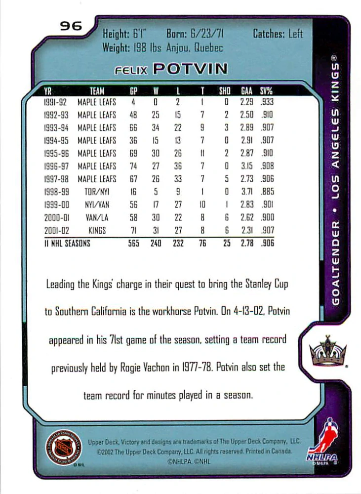 2002-03 UD Victory - Felix Potvin #96