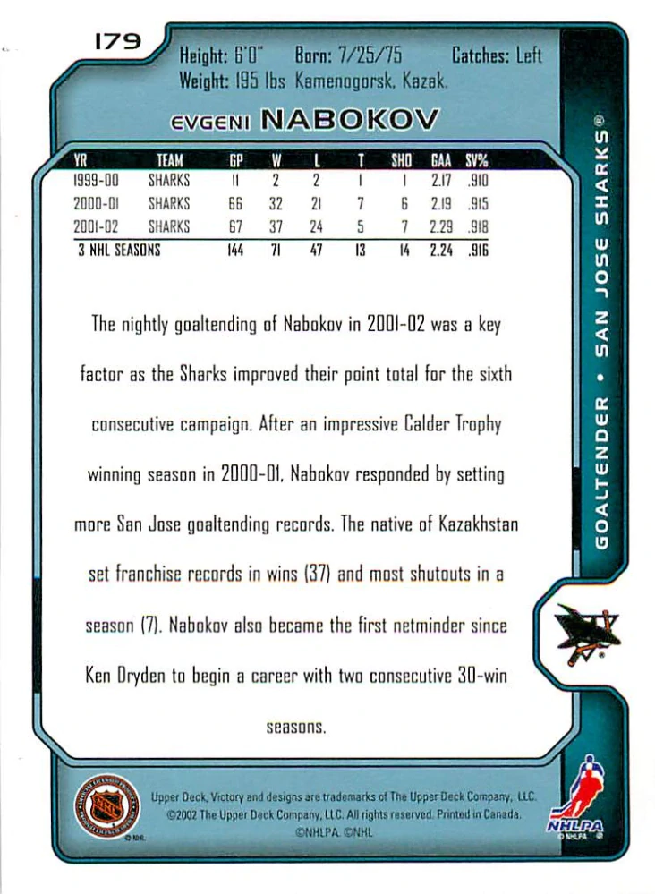 2002-03 UD Victory - Evgeni Nabokov #179