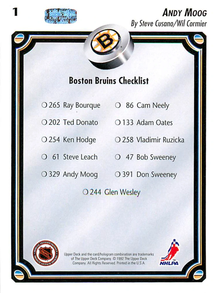 1992-93 UD Series - Andy Moog - Boston Bruins Checklist #1