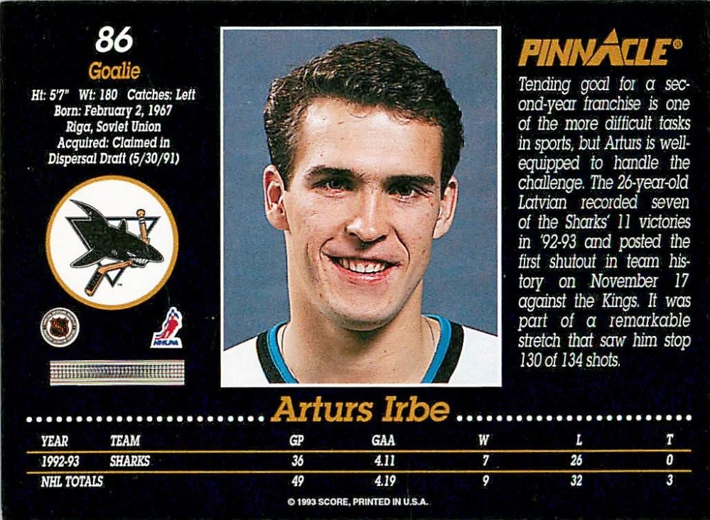 1993-94 Pinnacle - Arturs Irbe #86