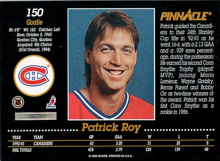 1993-94 Pinnacle - Patrick Roy #150
