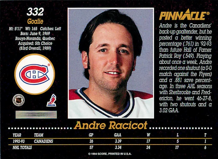 1993-94 Pinnacle - Andre Racicot #332