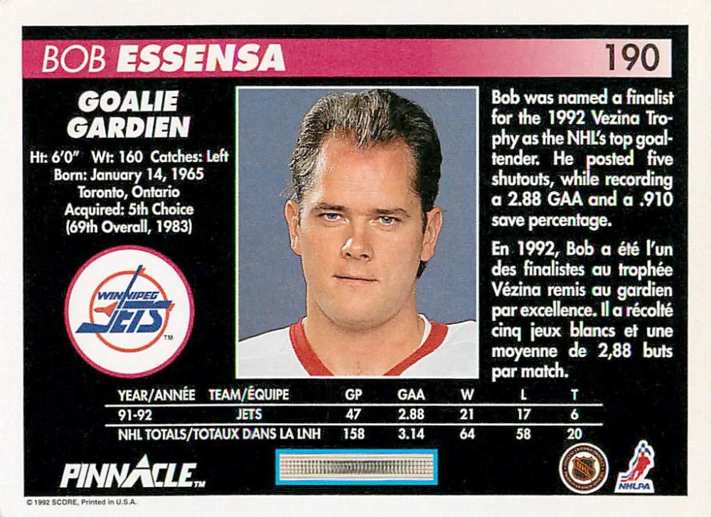 1992-93 Pinnacle Canadian - Bob Essensa #190