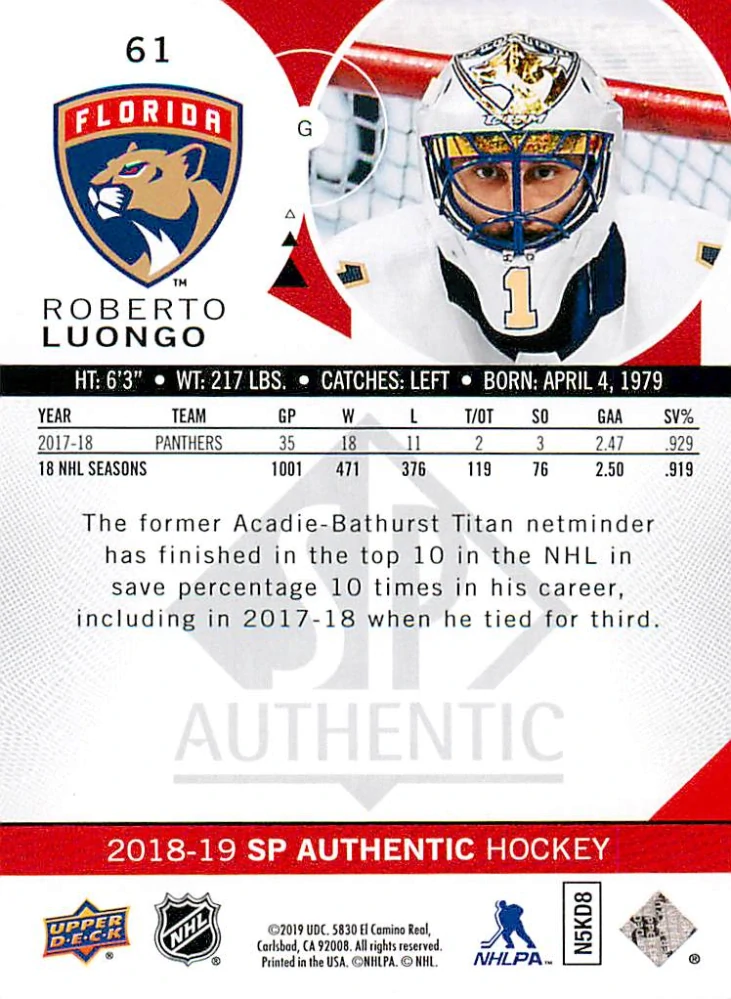 2018-19 UD SP Authentic - Roberto Luongo #61