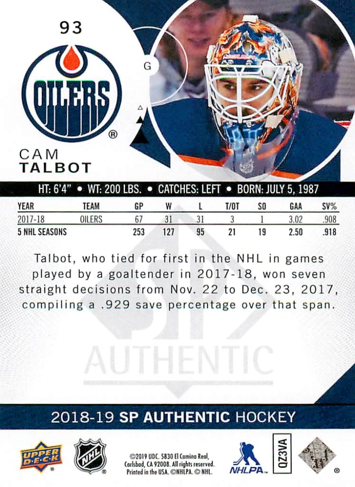 2018-19 UD SP Authentic - Cam Talbot #93
