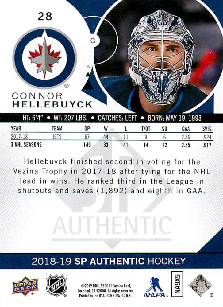 2018-19 UD SP Authentic - Connor Hellebuyck #28