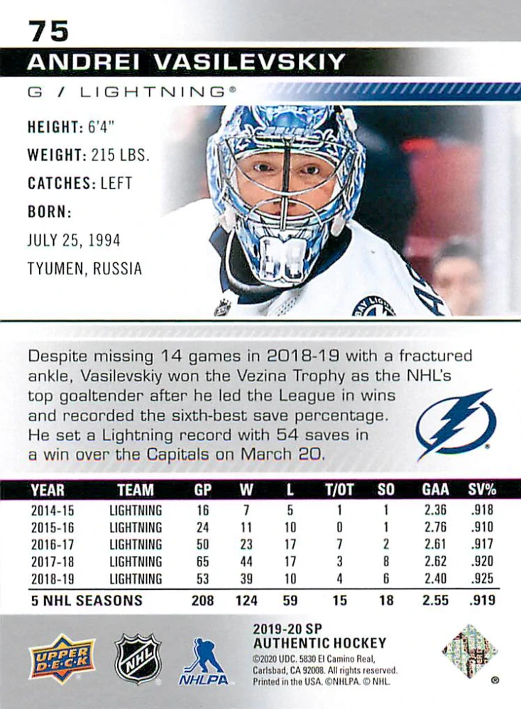 2019-20 UD SP Authentic - Andrei Vasilevskiy #75