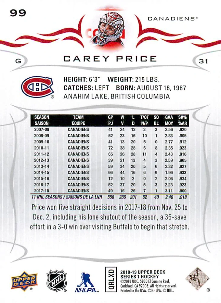 2018-19 UD Series 1 - Carey Price #99