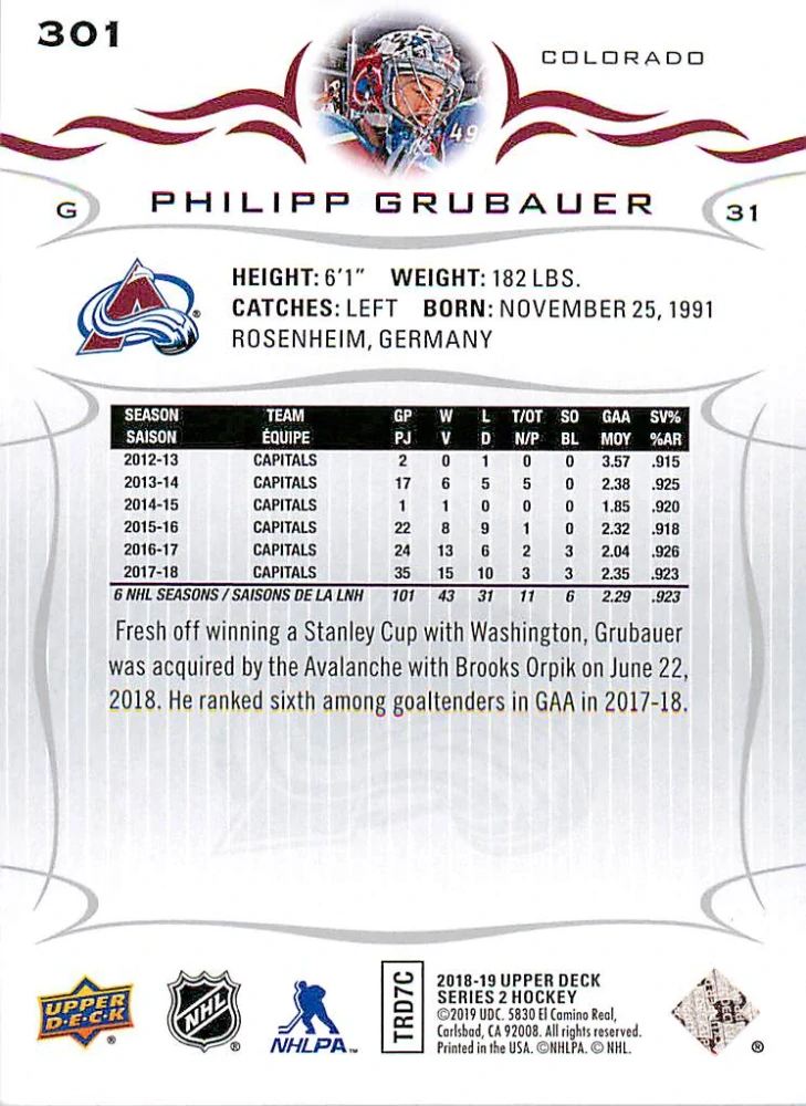 2018-19 UD Series 2 - Philipp Grubauer #301