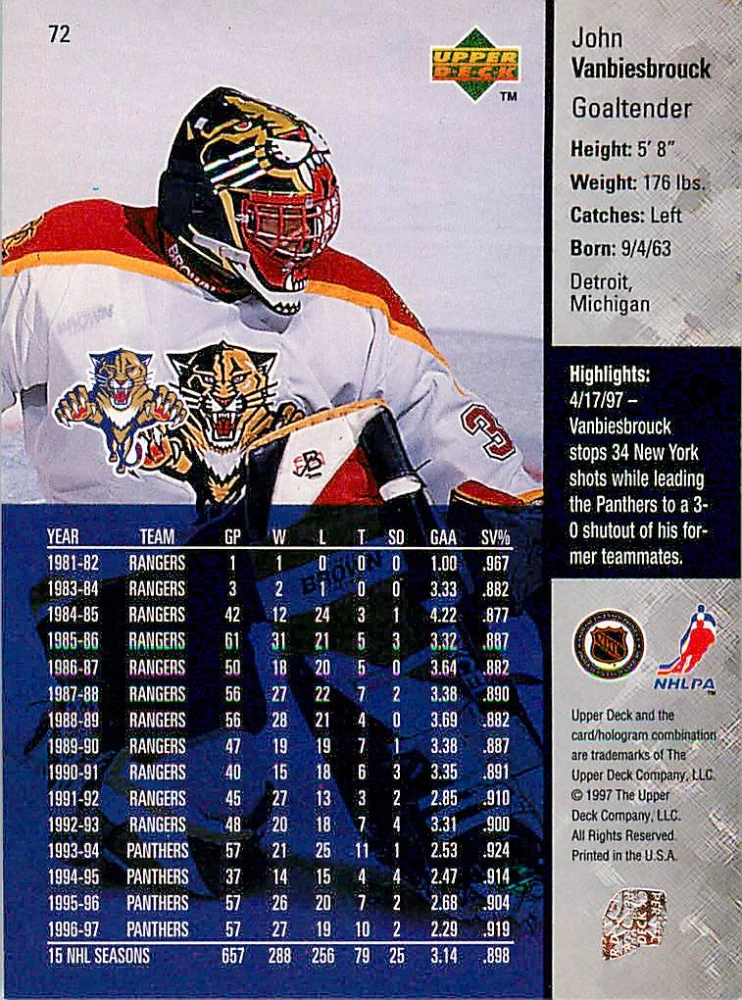 1997-98 UD Series 1 - John Vanbiesbrouck #72